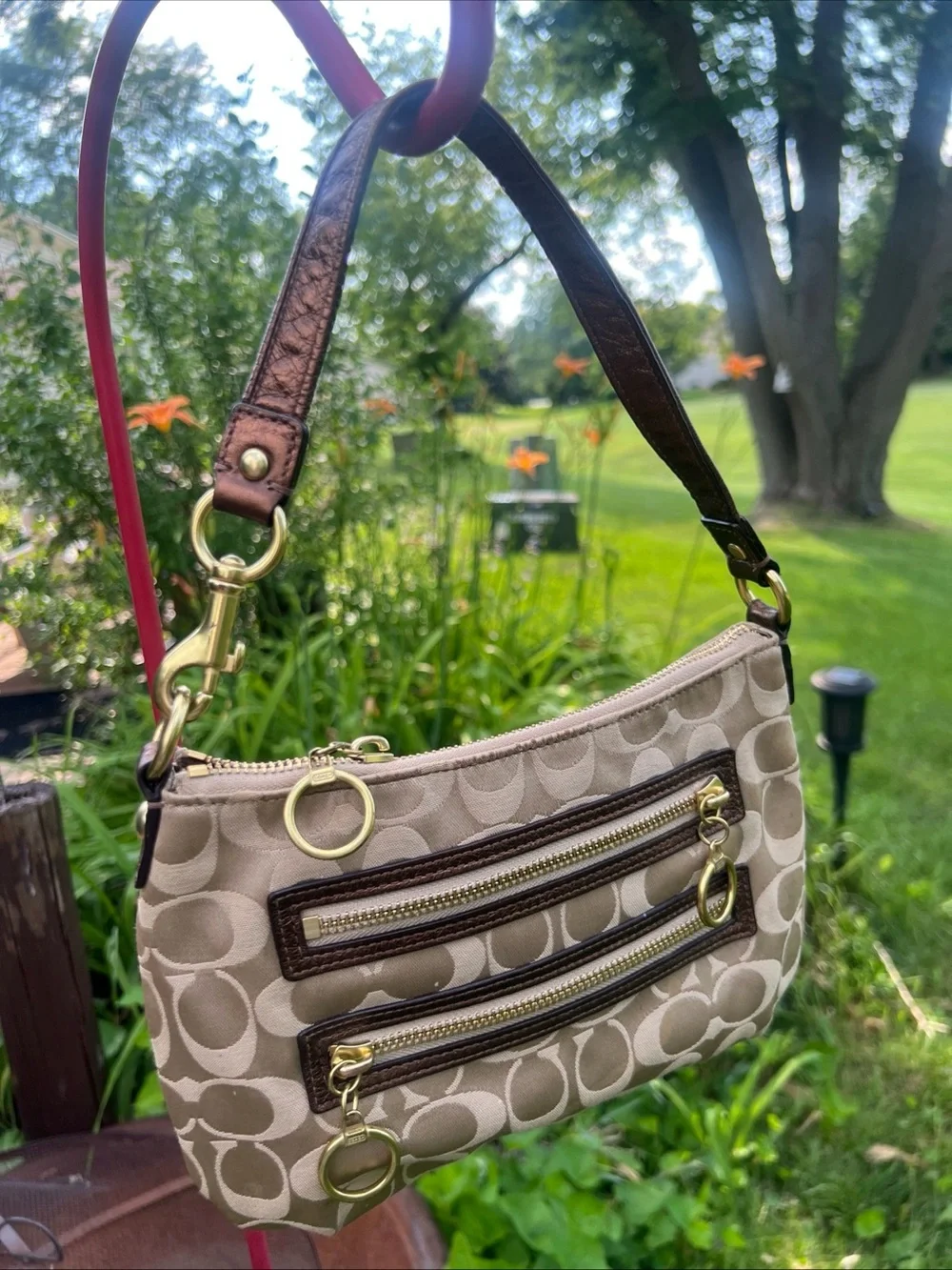 Coach Beige and Brown Signature Mini Shoulder Bag with Gold Hardware